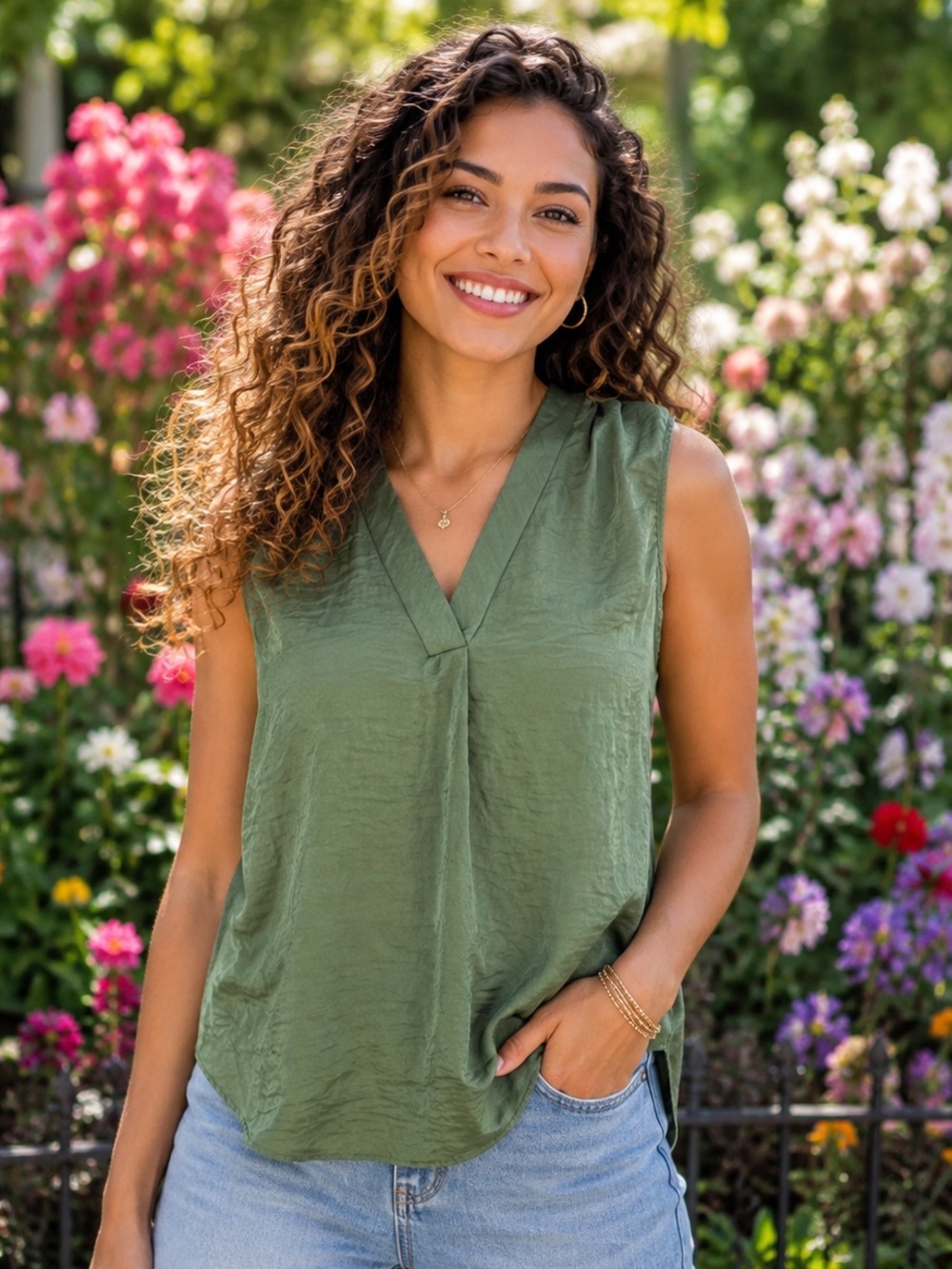Vince Camuto Olive Green Sleeveless V-Neck Camisole